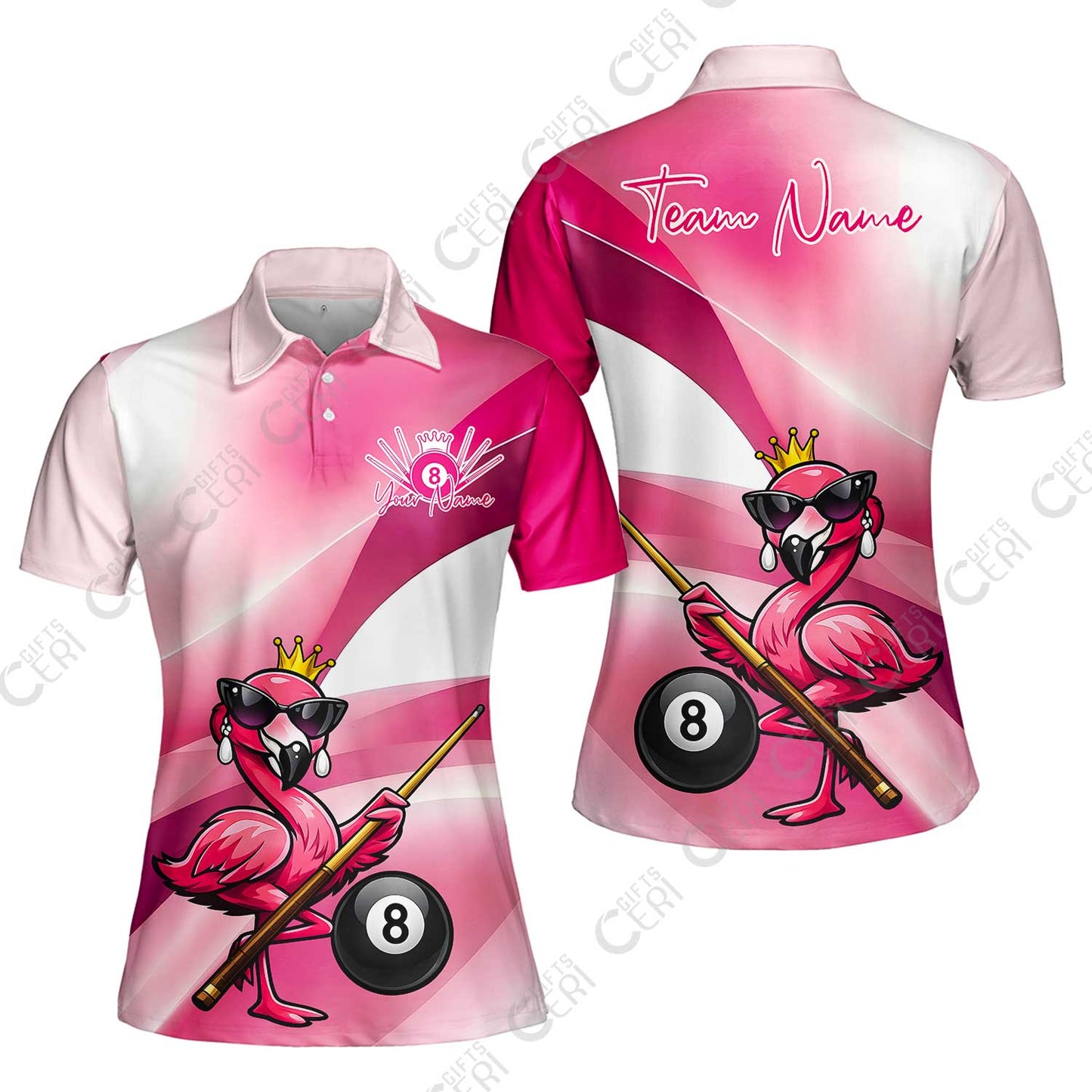Customized 8 Ball Pool Women Polo Shirt, Pink Flamingo Billiards 8-Ball, Personalized Billiards Jersey