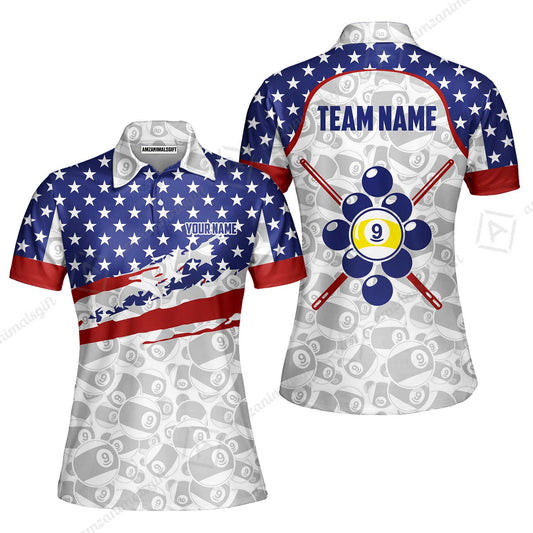 Customized 9 Ball Pool Women Polo Shirt, American Star Flag Billiard 9-ball, Personalized Billiards Jersey