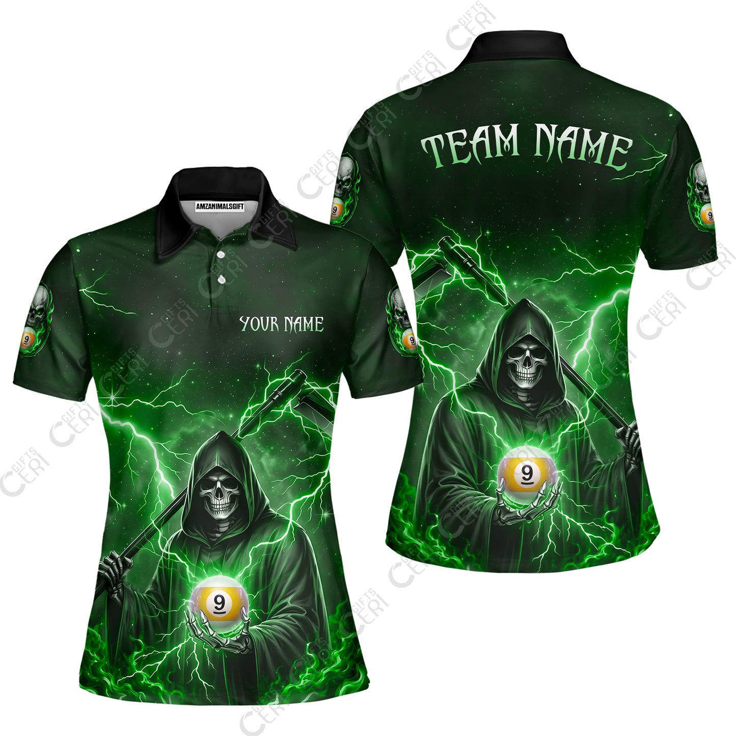 Customized 9 Ball Pool Women Polo Shirt, Lightning And Flame Grim Reaper With 9 Ball, Personalized Billiards Jersey