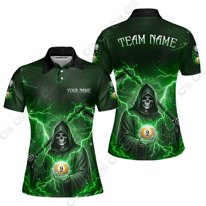 Customized 9 Ball Pool Women Polo Shirt, Lightning And Flame Grim Reaper With 9 Ball, Personalized Billiards Jersey