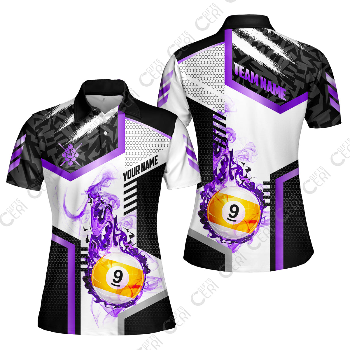 Customized 9 Ball Pool Women Polo Shirt, Flaming 9-Ball Graphic, Billiards Jersey