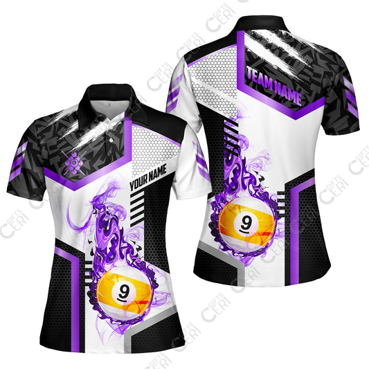 Customized 9 Ball Pool Women Polo Shirt, Flaming 9-Ball Graphic, Billiards Jersey