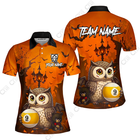 Customized 9 Ball Pool Women Polo Shirt, Halloween Owl Holding 9-Ball, Personalized Billiards Jersey