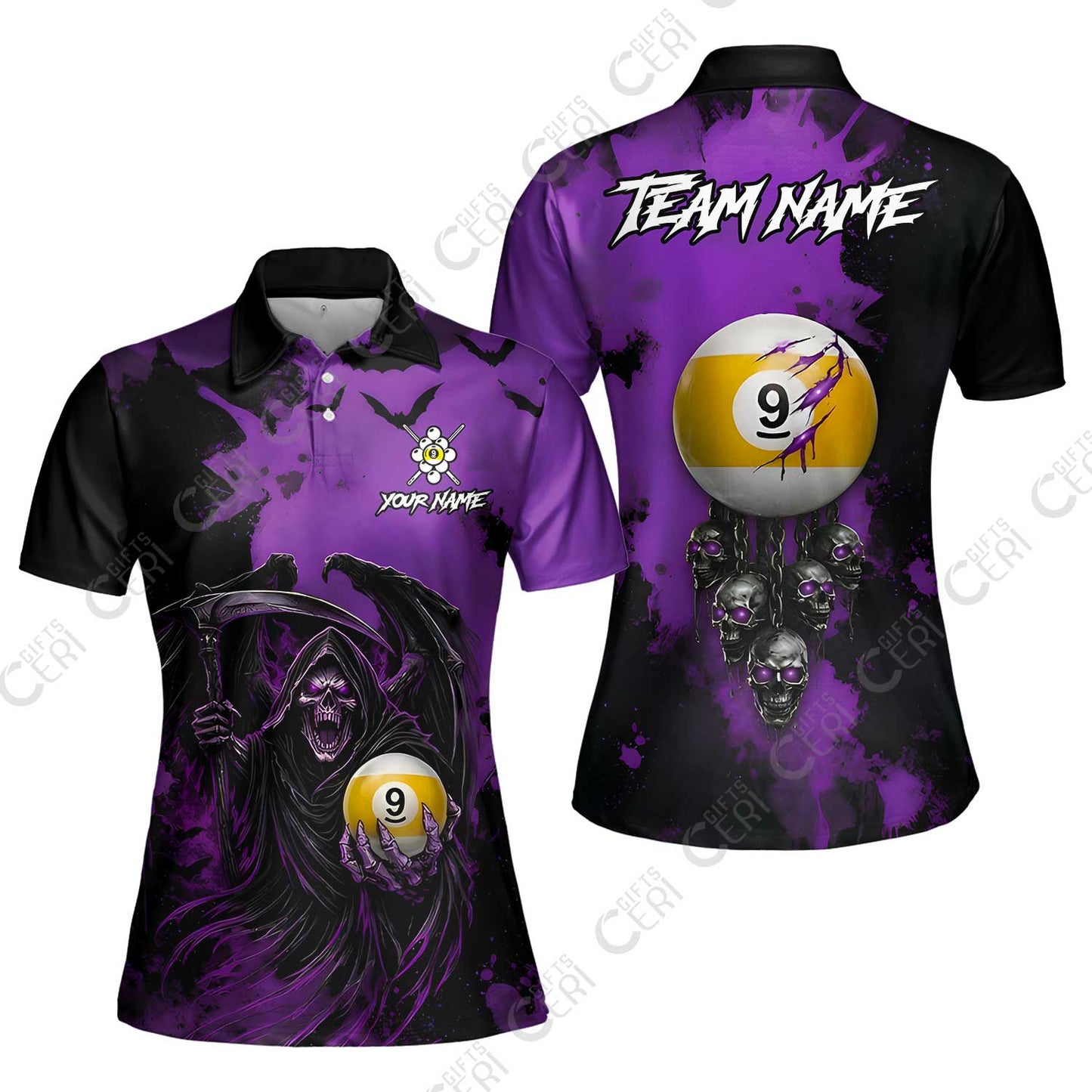 Customized 9 Ball Pool Women Polo Shirt, Billiard Death Skull Paint Splash 9-Ball, Billiards Jersey
