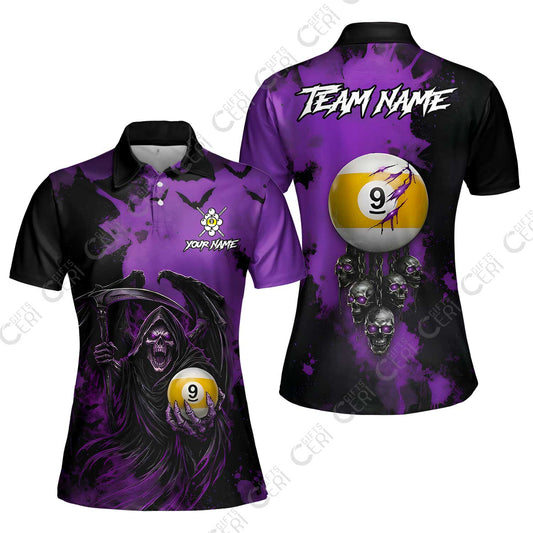 Customized 9 Ball Pool Women Polo Shirt, Billiard Death Skull Paint Splash 9-Ball, Billiards Jersey