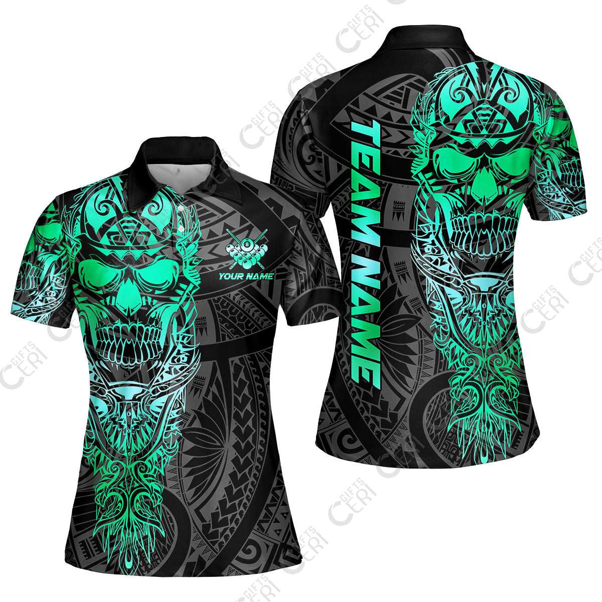 Customized 8 Ball Pool Women Polo Shirt, 8-Ball Billiard Ethnic Tribal Style Pattern, Billiards Jerseys