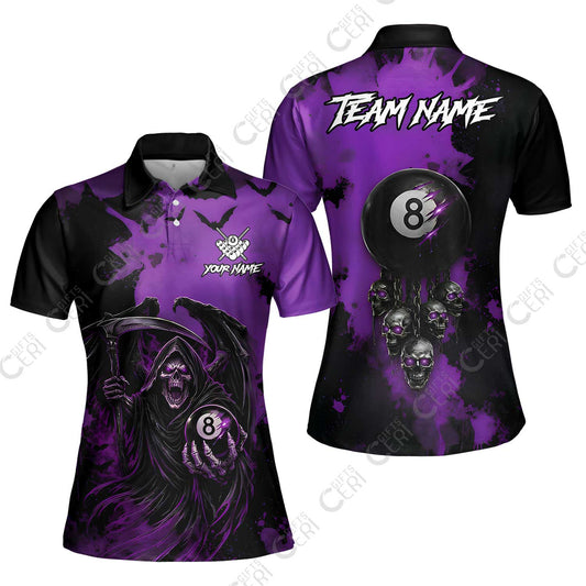 Customized 8 Ball Pool Women Polo Shirt, Billiard Death Skull Paint Splash, Billiards Jersey