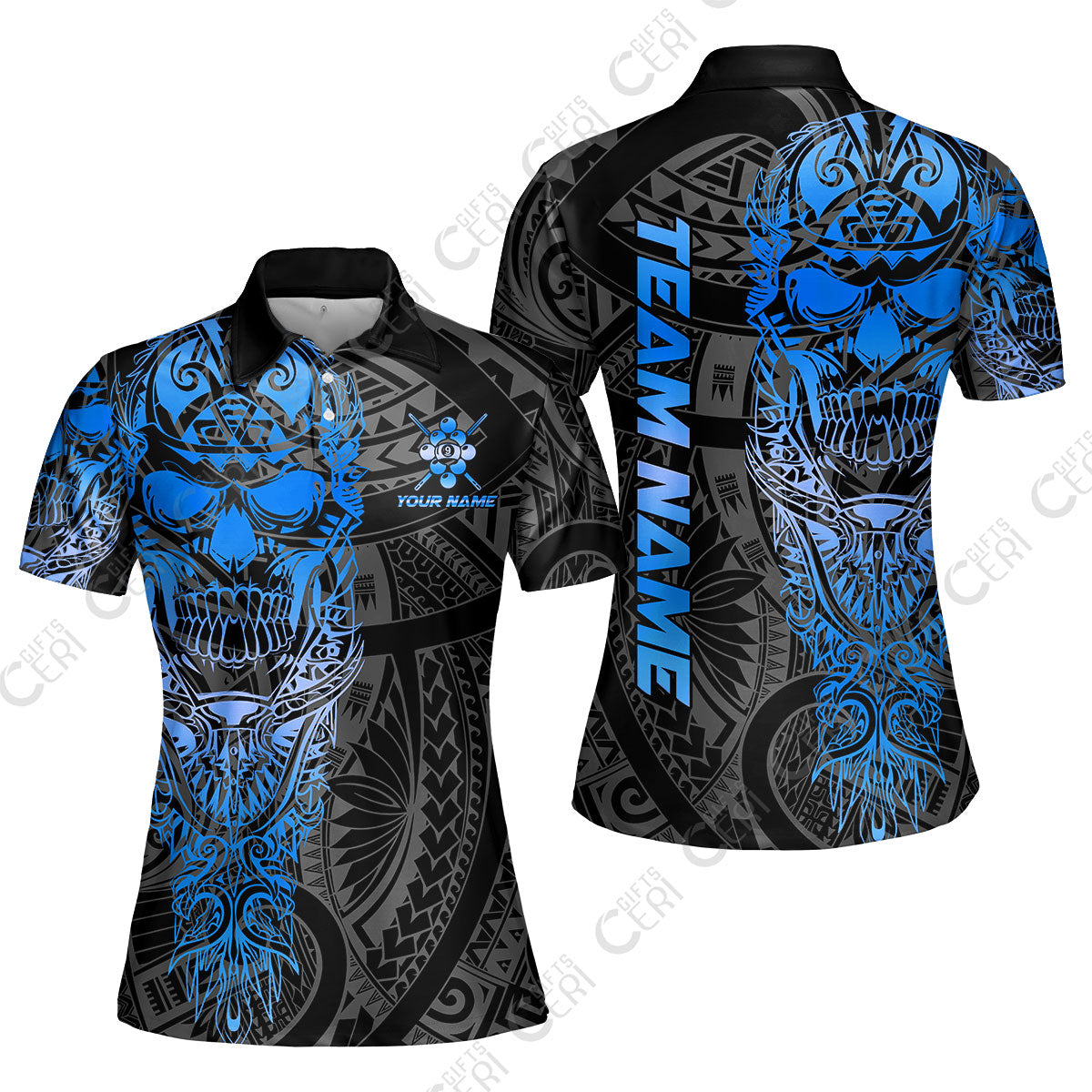 Customized 9 Ball Pool Women Polo Shirt, 9-Ball Billiard Ethnic Tribal Style Pattern, Billiards Jerseys