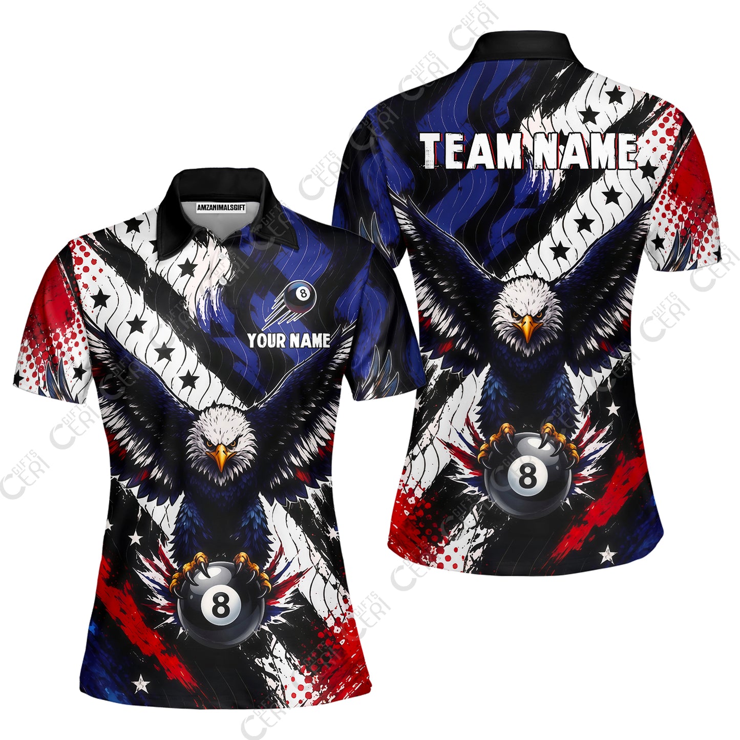 Customized 8 Ball Pool Women Polo Shirt, Eagle Holding Ball American Flag 8-ball, Personalized Billiards Jersey