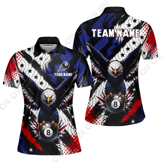 Customized 8 Ball Pool Women Polo Shirt, Eagle Holding Ball American Flag 8-ball, Personalized Billiards Jersey