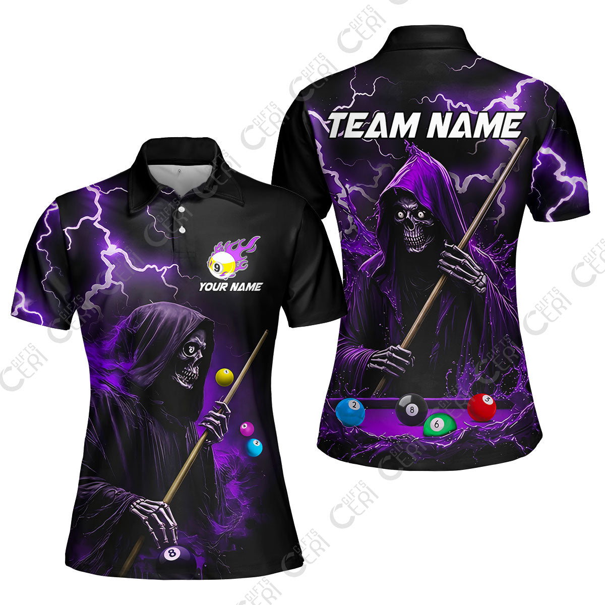 Customized 9 Ball Pool Women Polo Shirt, The Death Plays Billiards 9-Ball Flame, Billiards Jerseys