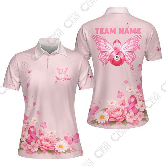 Customized 9 Ball Pool Women Polo Shirt, Floral Butterfly Billiards 9-Ball, Personalized Billiards Jersey
