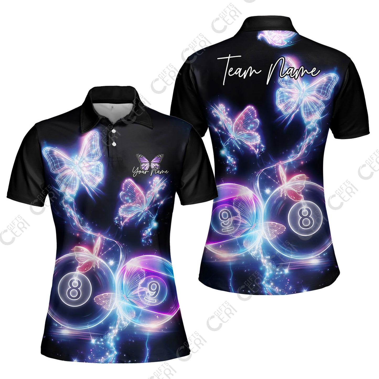 Customized Billiards Women Polo Shirt, 8 & 9 Ball Neon Butterfly Galaxy Jersey, Billiards Jerseys