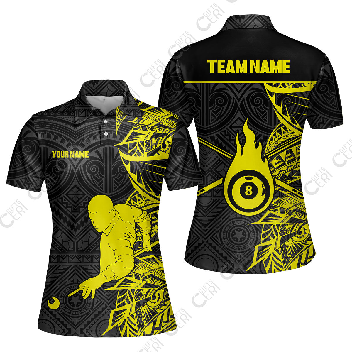 Customized 8 Ball Pool Women Polo Shirt, 8-Ball Billiards Tattoo Pattern, Billiards Jerseys