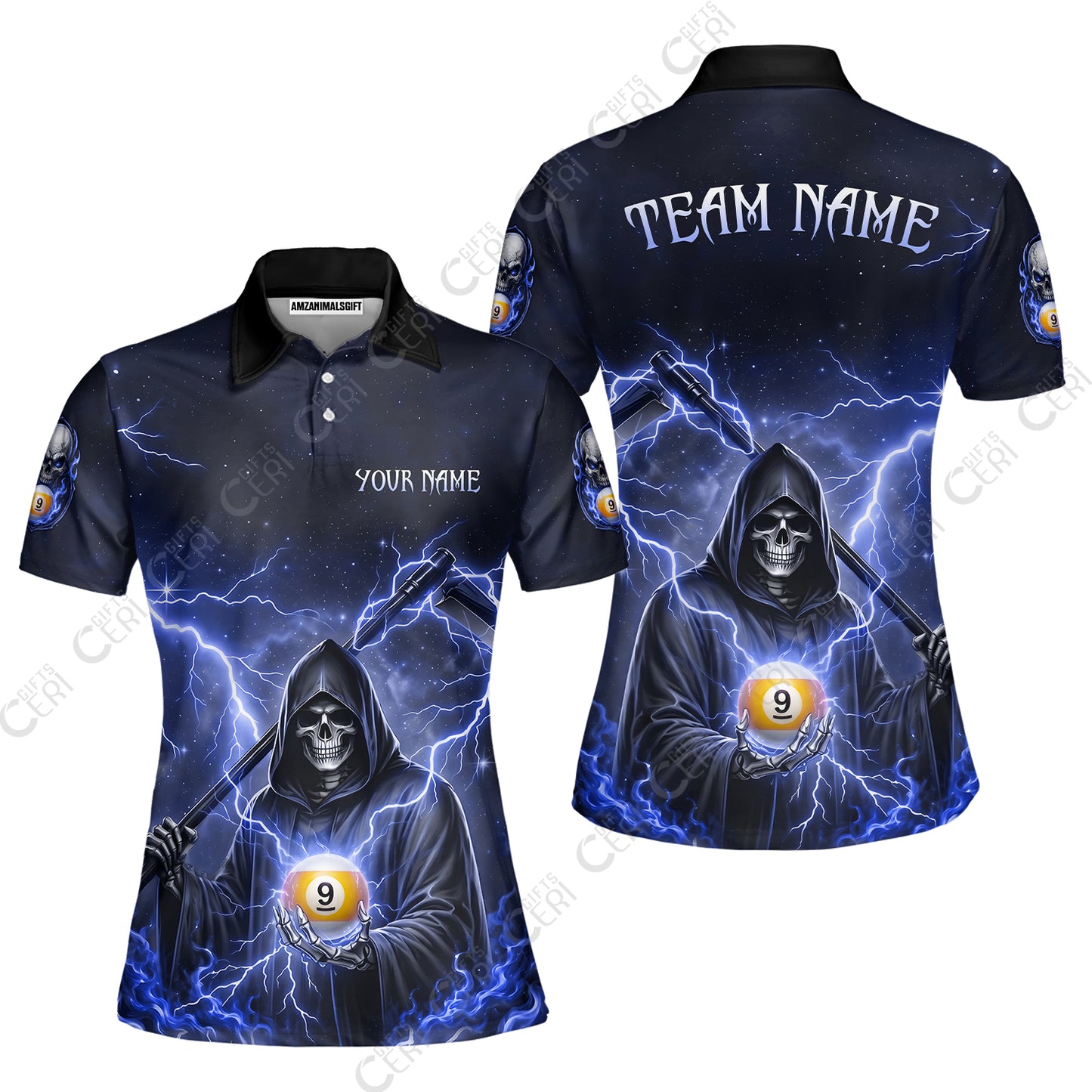 Customized 9 Ball Pool Women Polo Shirt, Lightning And Flame Grim Reaper With 9 Ball, Personalized Billiards Jersey