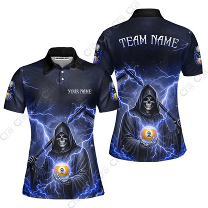 Customized 9 Ball Pool Women Polo Shirt, Lightning And Flame Grim Reaper With 9 Ball, Personalized Billiards Jersey
