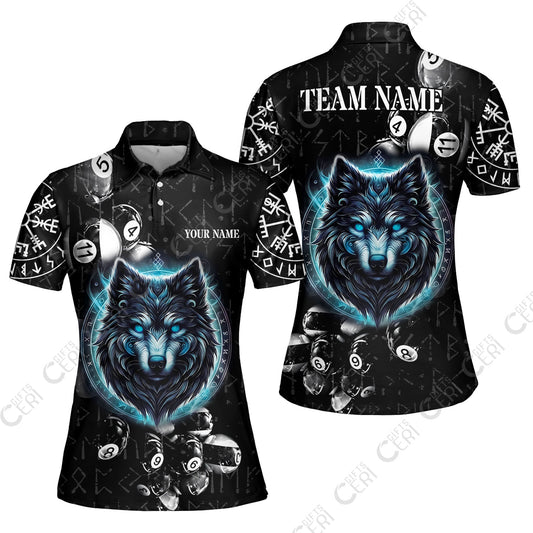 Customized Billiards Women Polo Shirt, Wolf Runic Viking Black Grunge Alphabet, Billiards Jerseys
