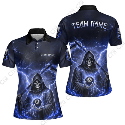 Customized 8 Ball Pool Women Polo Shirt, Lightning And Flame Grim Reaper With 8 Ball, Personalized Billiards Jersey