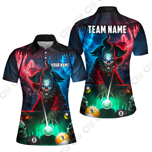 Customized Billiards Women Polo Shirt, 8 & 9 Ball Pool Nightmare Billiards Clown Jersey, Billiards Jerseys