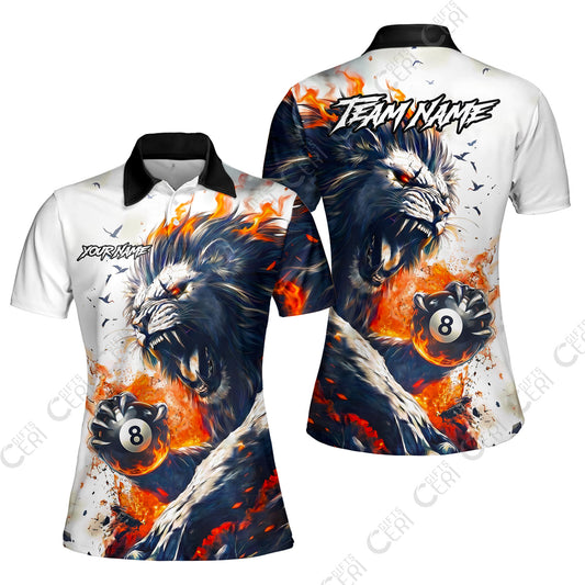 Customized 8 Ball Pool Women Polo Shirt, Lion Fire Lava 8-Ball, Personalized Billiards Jersey