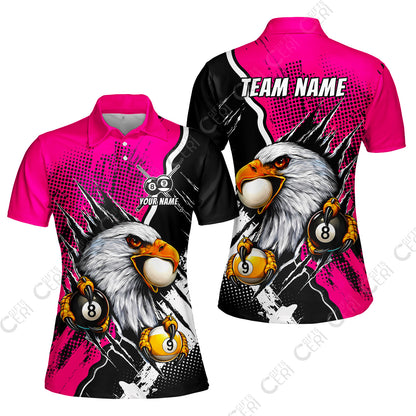 Customized Billiards Women Polo Shirt, 8 & 9 Ball Billiard Eagle Comic Dot Halftone Background Color, Billiards Jerseys