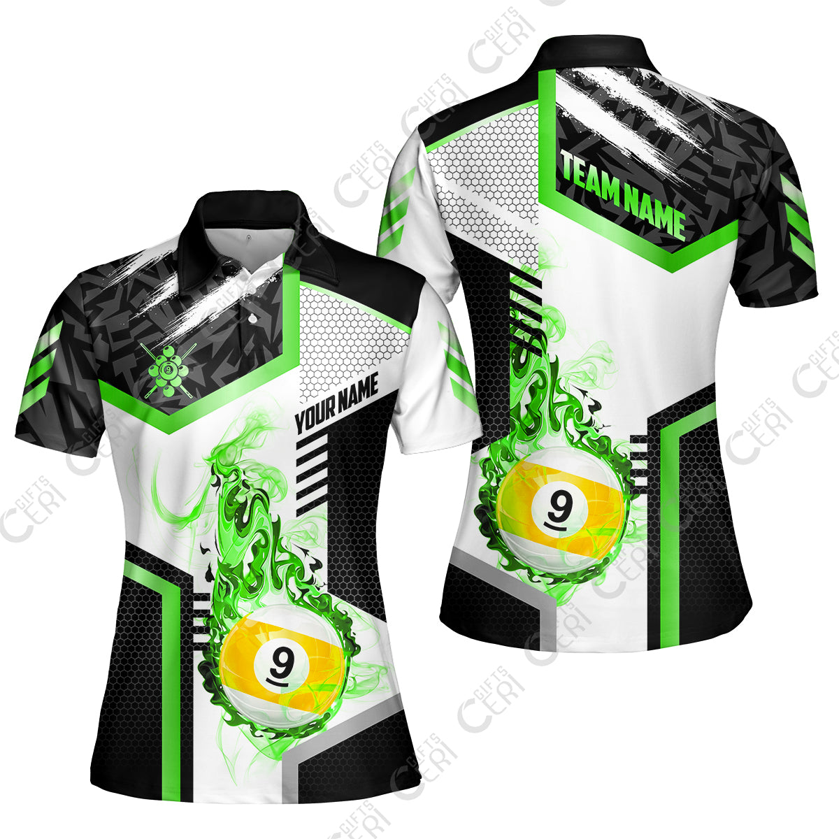 Customized 9 Ball Pool Women Polo Shirt, Flaming 9-Ball Graphic, Billiards Jersey