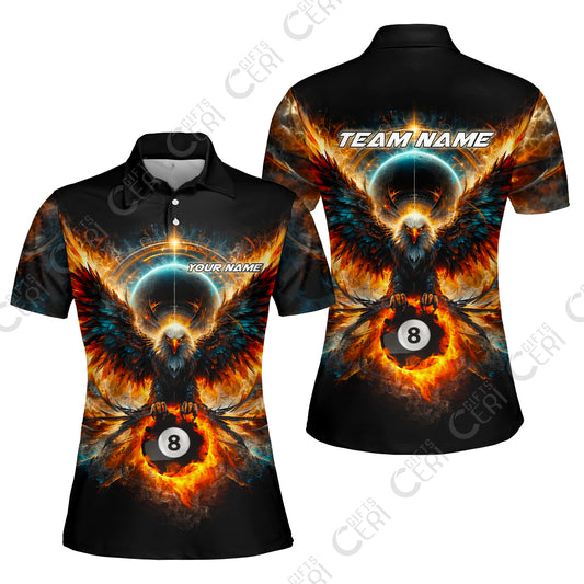 Customized 8 Ball Pool Women Polo Shirt, Billiard Phantom 8-Ball Flame Eagle, Billiards Jerseys