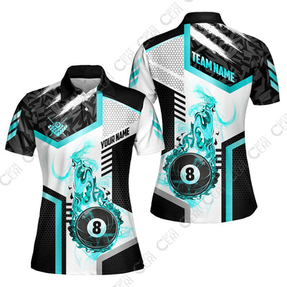 Customized Billiards Women Polo Shirt, Flaming 8-Ball Graphic, 8 Ball Pool Jersey