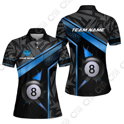 Customized Billiards Women Polo Shirt, Personalized Hexagonal Patterns With A Cracked Glass 8 Ball Jersey
