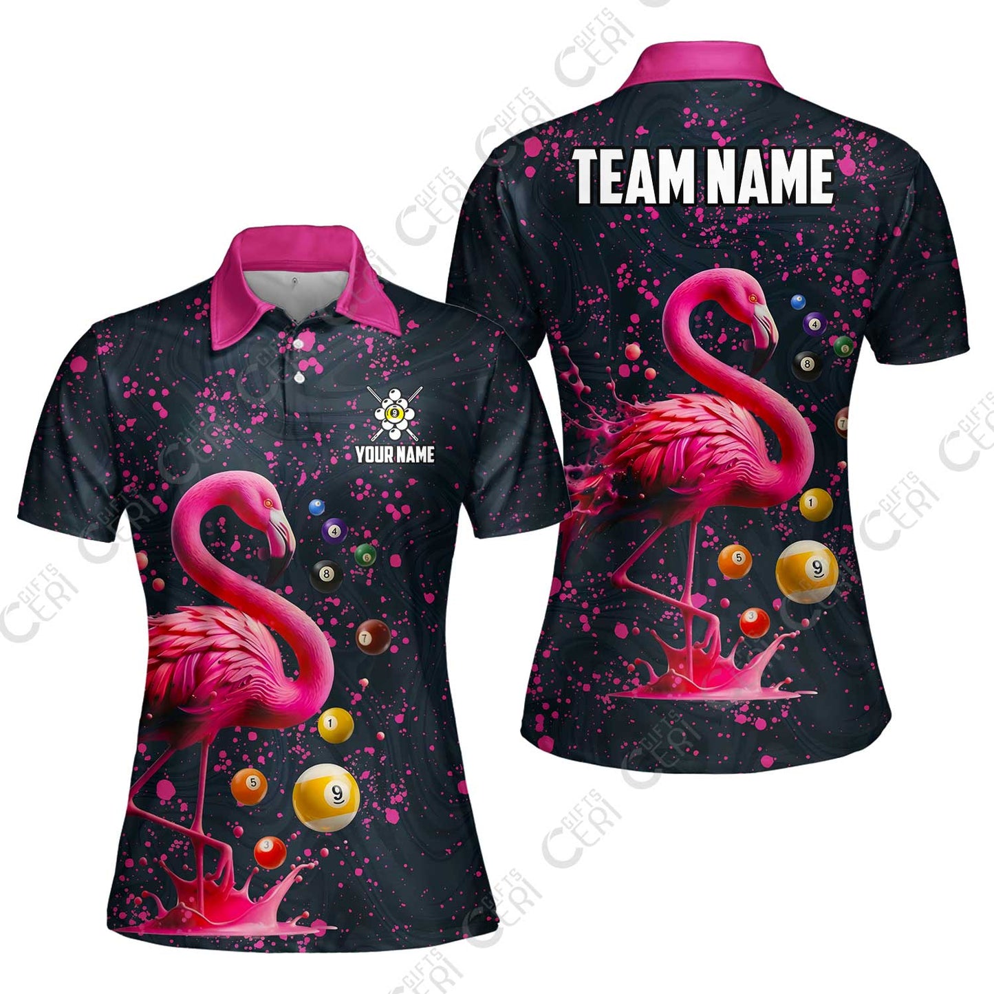 Customized 9 Ball Pool Women Polo Shirt, Flamingo Pink Splat Billiard 9-Ball, Billiards Jersey