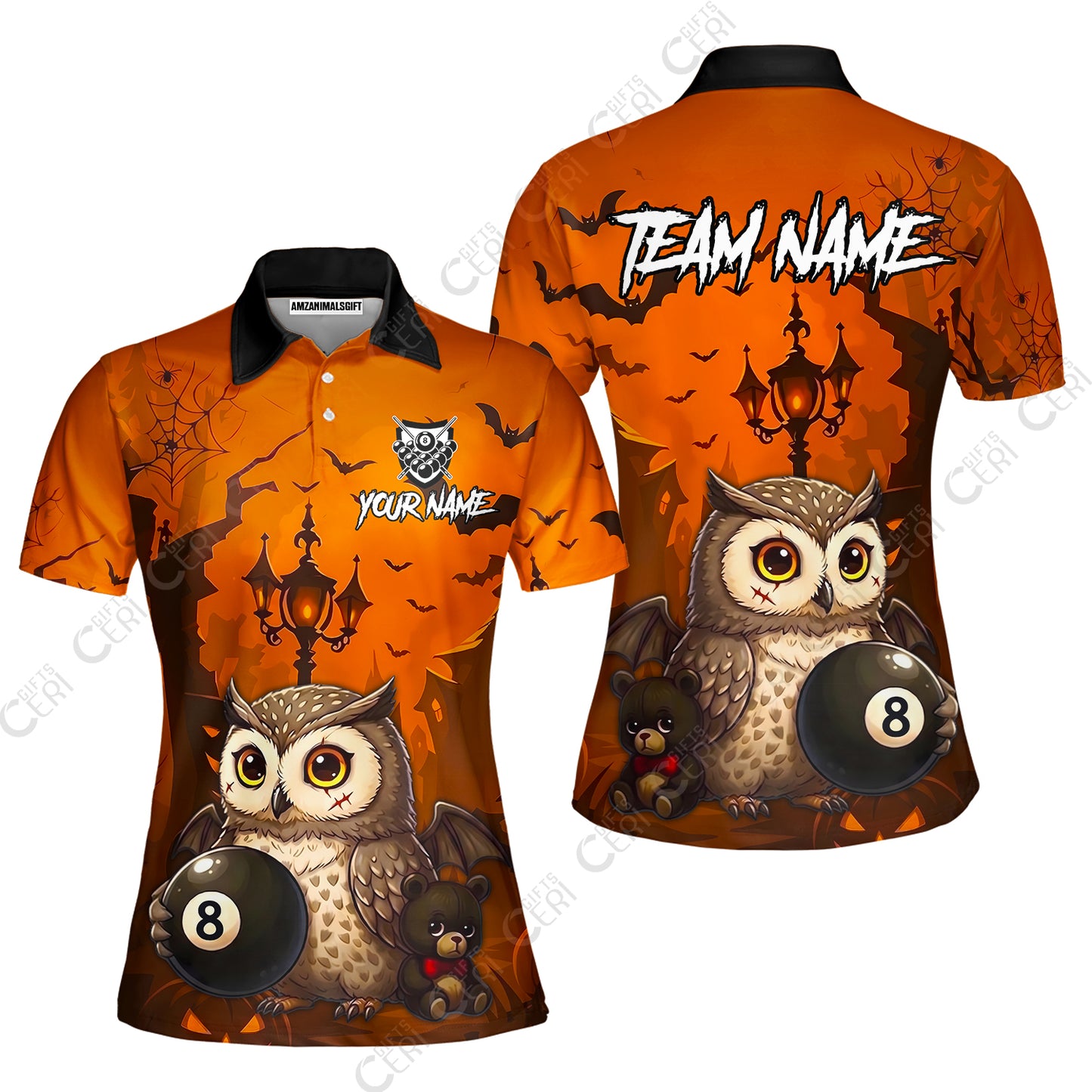 Customized 8 Ball Pool Women Polo Shirt, Halloween Owl Holding 8-Ball, Personalized Billiards Jersey