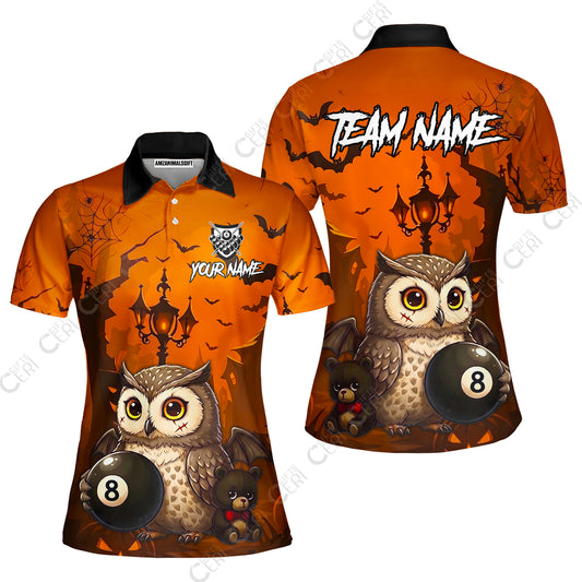 Customized 8 Ball Pool Women Polo Shirt, Halloween Owl Holding 8-Ball, Personalized Billiards Jersey
