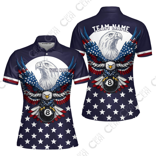 Customized 8 Ball Pool Women Polo Shirt, American Eagle Billiards 8-Ball, Personalized Billiards Jersey