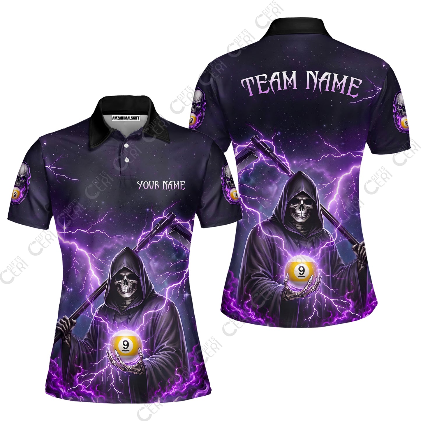 Customized 9 Ball Pool Women Polo Shirt, Lightning And Flame Grim Reaper With 9 Ball, Personalized Billiards Jersey