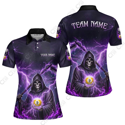 Customized 9 Ball Pool Women Polo Shirt, Lightning And Flame Grim Reaper With 9 Ball, Personalized Billiards Jersey