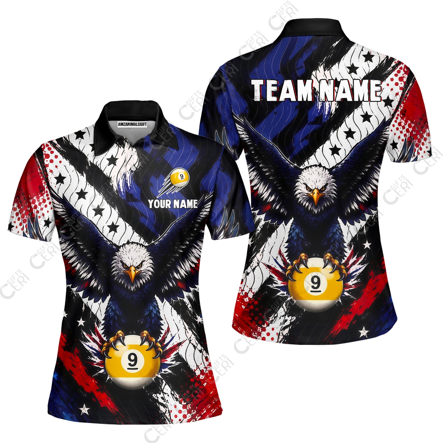 Customized 9 Ball Pool Women Polo Shirt, Eagle Holding Ball American Flag 9-ball, Personalized Billiards Jersey