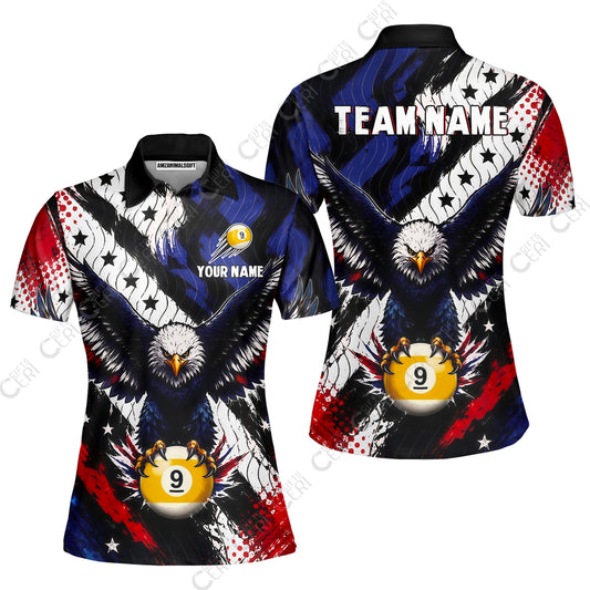 Customized 9 Ball Pool Women Polo Shirt, Eagle Holding Ball American Flag 9-ball, Personalized Billiards Jersey