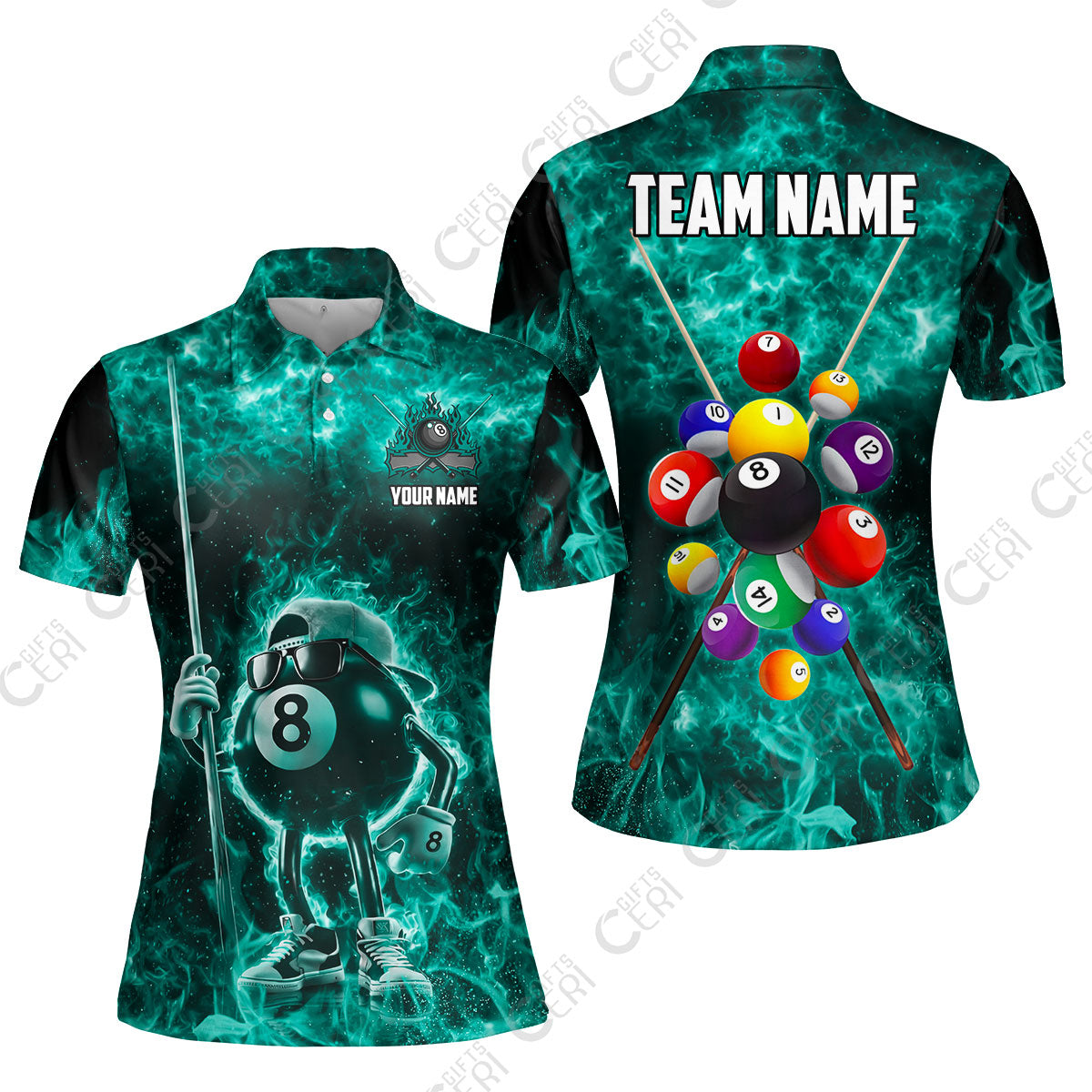 Customized 8 Ball Pool Women Polo Shirt, 8-Ball Wearing Cap And Sunglasses Flaming Burn, Billiard Jerseys