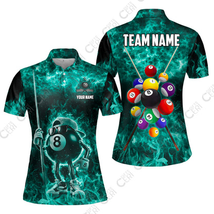 Customized 8 Ball Pool Women Polo Shirt, 8-Ball Wearing Cap And Sunglasses Flaming Burn, Billiard Jerseys