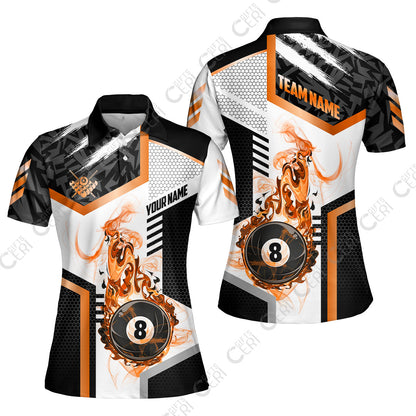 Customized Billiards Women Polo Shirt, Flaming 8-Ball Graphic, 8 Ball Pool Jersey