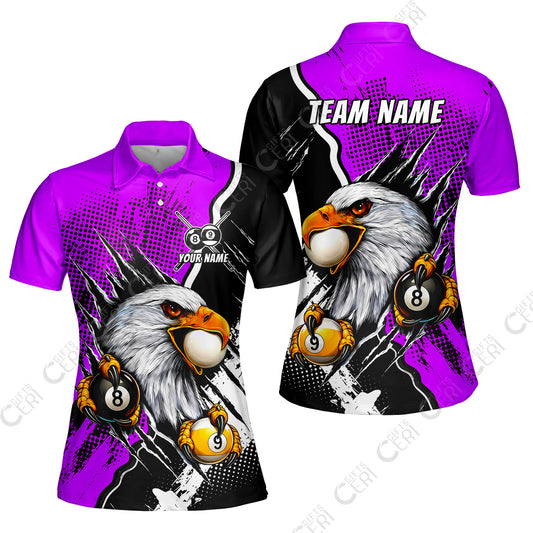 Customized Billiards Women Polo Shirt, 8 & 9 Ball Billiard Eagle Comic Dot Halftone Background Color, Billiards Jerseys