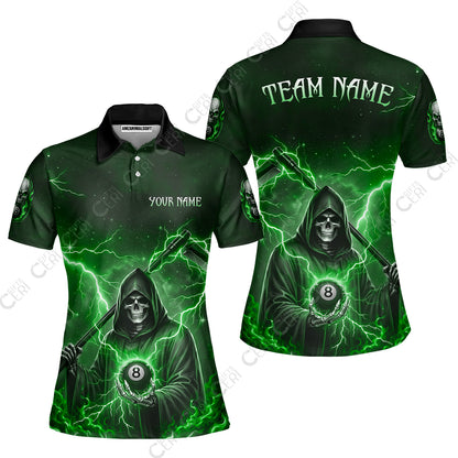 Customized 8 Ball Pool Women Polo Shirt, Lightning And Flame Grim Reaper With 8 Ball, Personalized Billiards Jersey