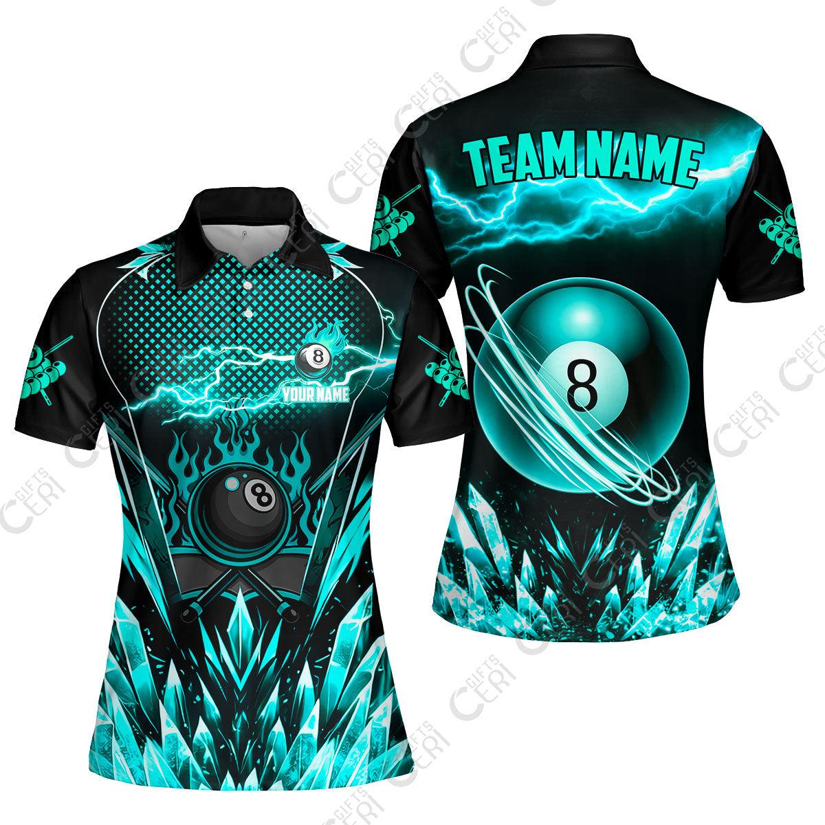 Customized 8 Ball Pool Women Polo Shirt, Electric Lightning Crystal, Billiards Jerseys