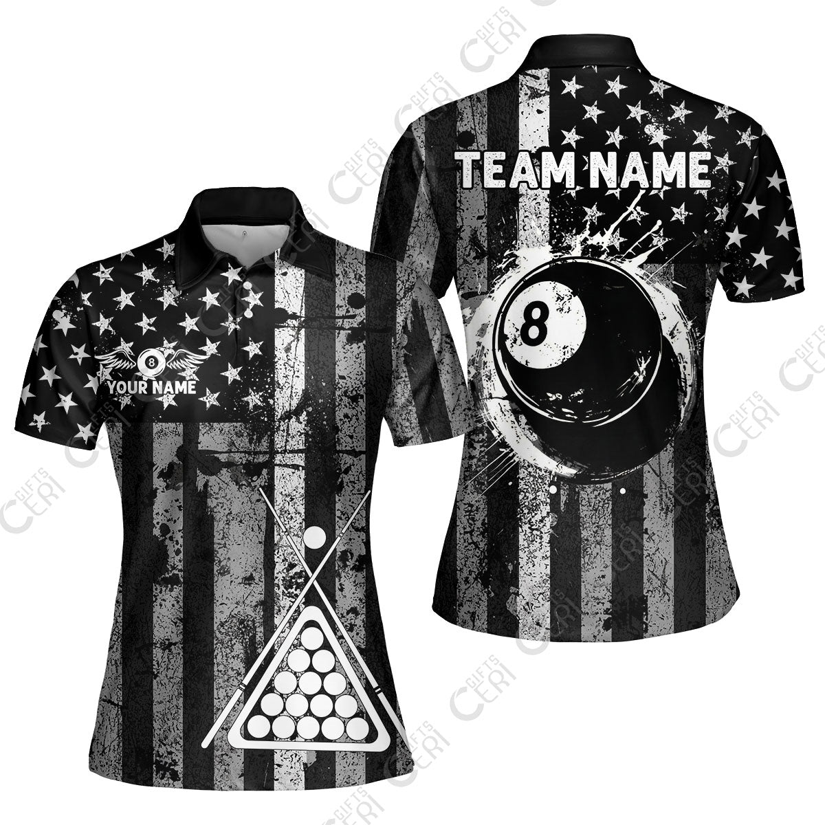 Customized 8 Ball Pool Women Polo Shirt, Distressed American Flag Pattern, Billiards Jerseys