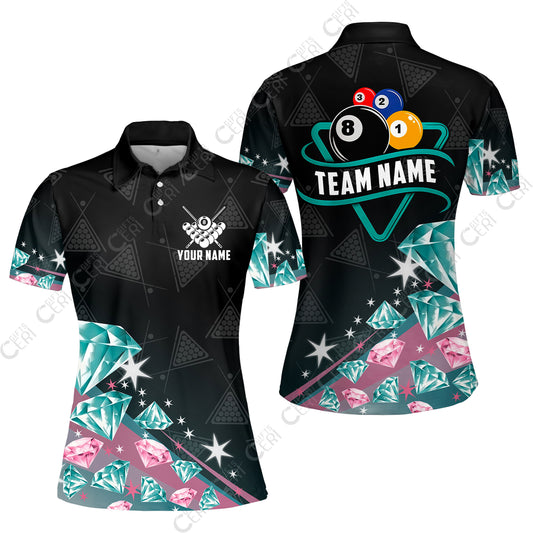 Customized 8 Ball Pool Women Polo Shirt, Diamonds Billiard 8-Ball, Personalized Billiards Jersey