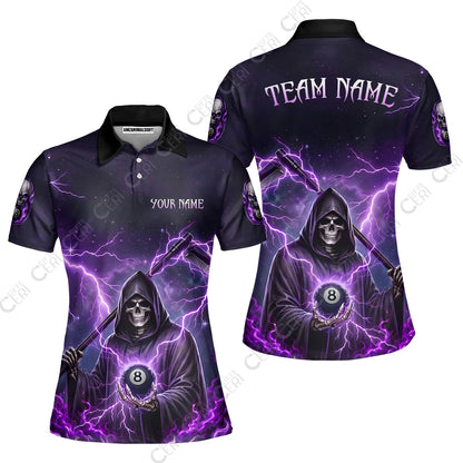 Customized 8 Ball Pool Women Polo Shirt, Lightning And Flame Grim Reaper With 8 Ball, Personalized Billiards Jersey