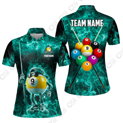 Customized 9 Ball Pool Women Polo Shirt, 9-Ball Wearing Cap And Sunglasses Flaming Burn, Billiard Jerseys