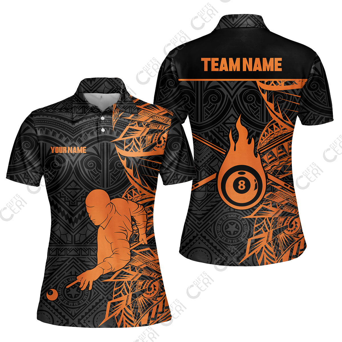 Customized 8 Ball Pool Women Polo Shirt, 8-Ball Billiards Tattoo Pattern, Billiards Jerseys