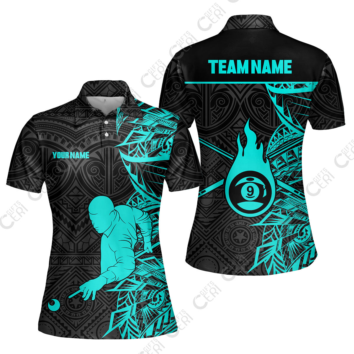 Customized 9 Ball Pool Women Polo Shirt, 9-Ball Billiards Tattoo Pattern, Billiards Jerseys