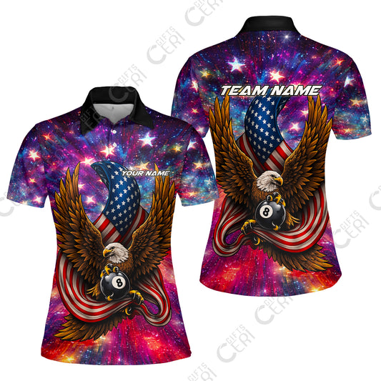 Customized 8 Ball Pool Women Polo Shirt, Billiard American Flag Galactic Eagle, Billiards Jerseys